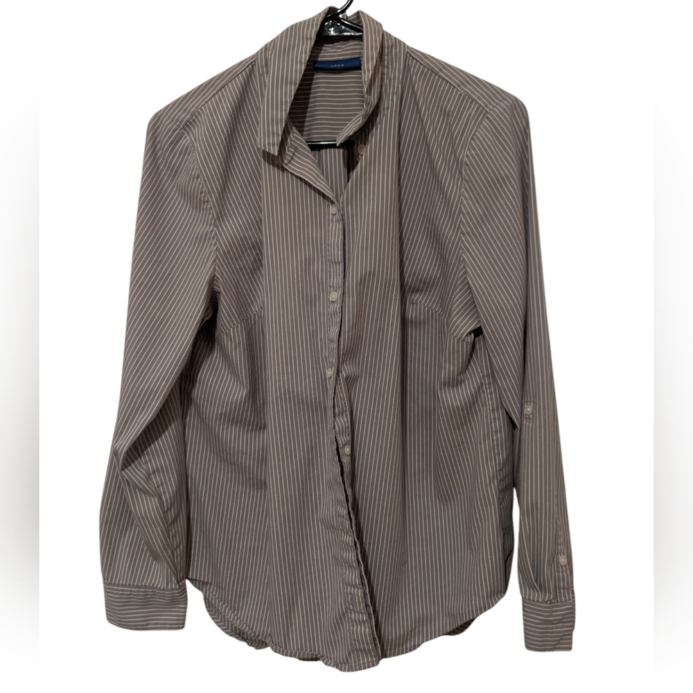 Gray Stripe Button Down Blouse Pinstripe Top Cotton Blend Women's Size Large